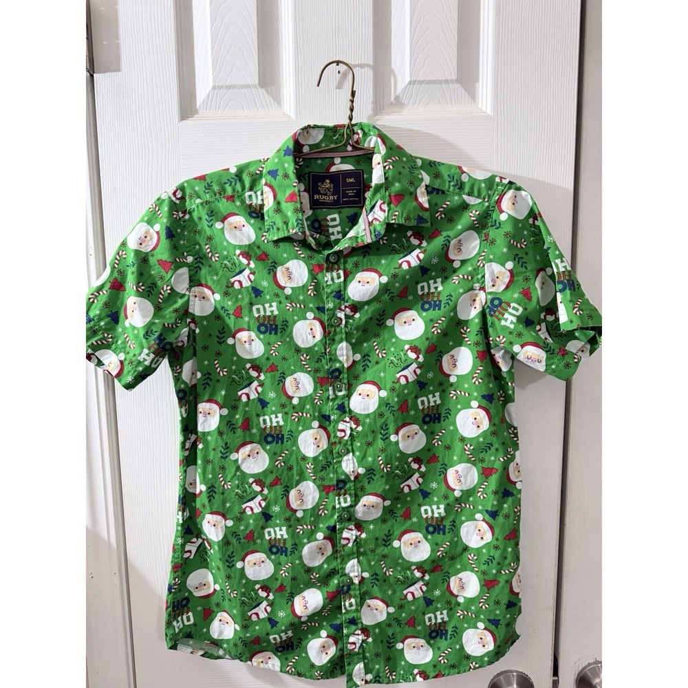 Rugby Santa Claus Ho Ho Ho SHORT SLEEVE BUTTON UP SHIRT Small Slim